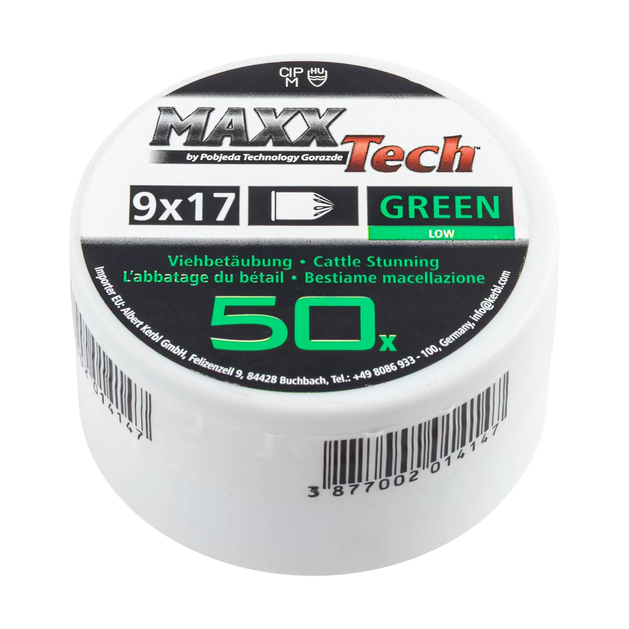 Патрони за зашеметяване, зелени, за малки животни. Калибър 9 × 17 мм, MaxxTech, 50 бр.