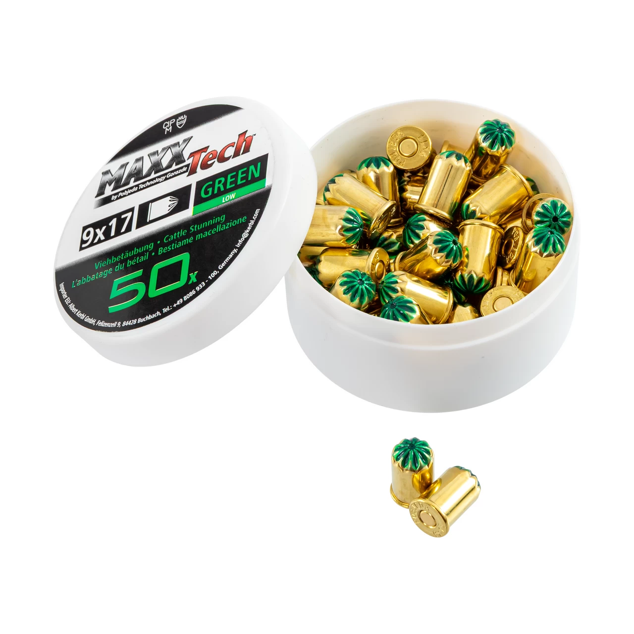 Патрони за зашеметяване, зелени, за малки животни. Калибър 9 × 17 мм, MaxxTech, 50 бр.