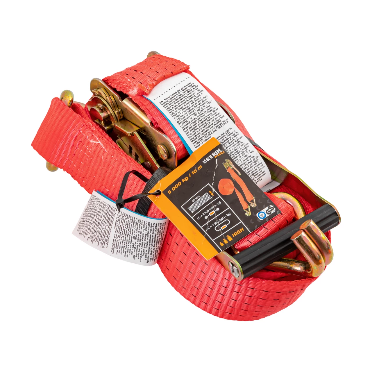 Колан за укрепване на товари с тресчотка, червен, 5000 кг, 50 мм × 10 м