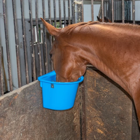 Кофа за хранене на коне, с конзола за окачване и дръжка, синя, 12 литра