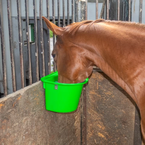 Кофа за хранене на коне, с конзола за окачване и дръжка, зелена, 12 литра