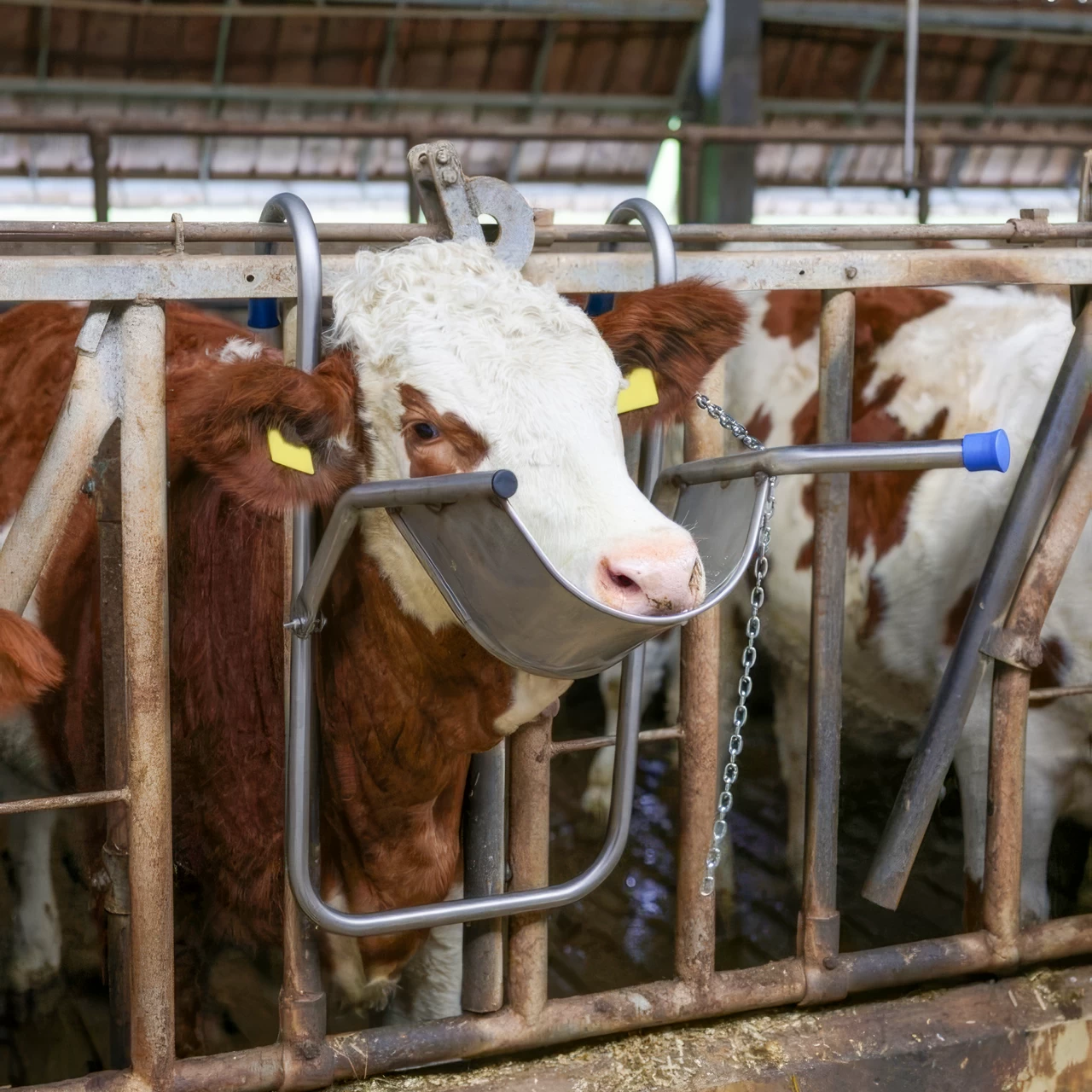 Регулируема опора за главата на едър рогат добитък, предназначена за процедури